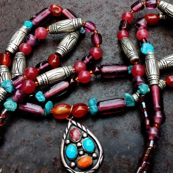 Vintage Signed Begay Navajo Turquoise, Multi-Gem Sterling Silver Necklace - Picture 2 of 8